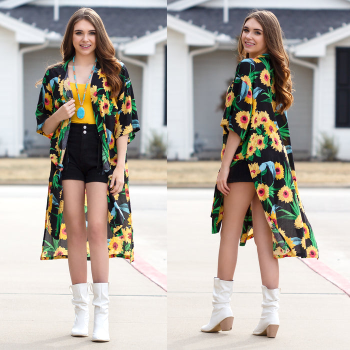 6646 - Floral Print Duster - Black