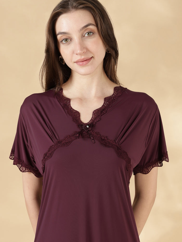 Malai satin designer nightwear for women in dark purple