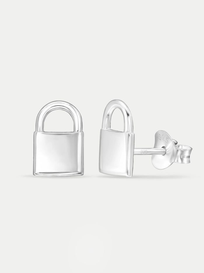 Sterling Silver Padlock Stud Earrings | Silver-Image 2