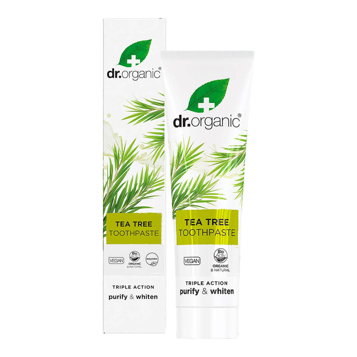 Dr. Organic Tea Tree Toothpaste 100ml tube. Triple action formula purifies & whitens. Recycled & recyclable packaging.