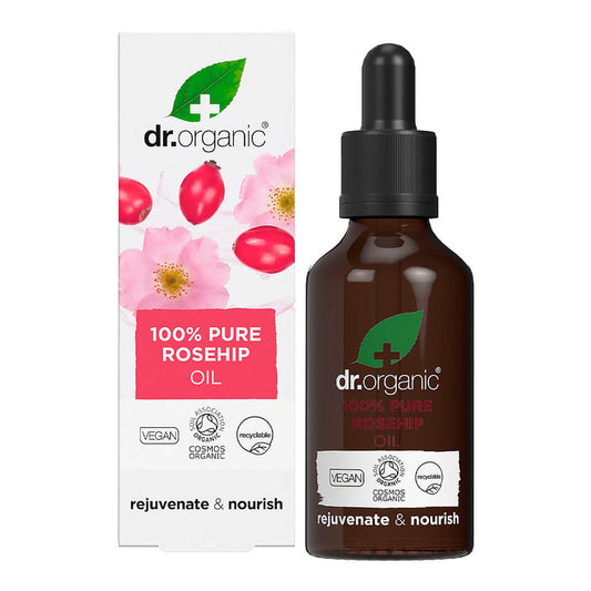 Dr. Organic 100% Pure Rosehip Oil 50ml. Rejuvenates & nourishes skin. Vegan & certified organic. Recyclable glass dropper bottle and cardboard box packaging.