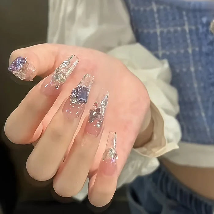 10pcs Handmade Press On Nails,Fantasy butterfly sparkling diamond fake nail design
