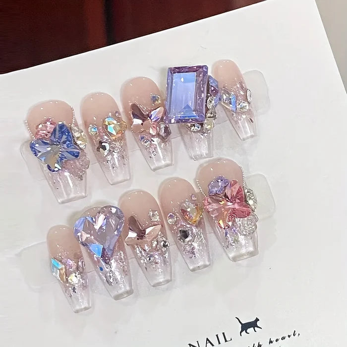10pcs Handmade Press On Nails,Fantasy butterfly sparkling diamond fake nail design