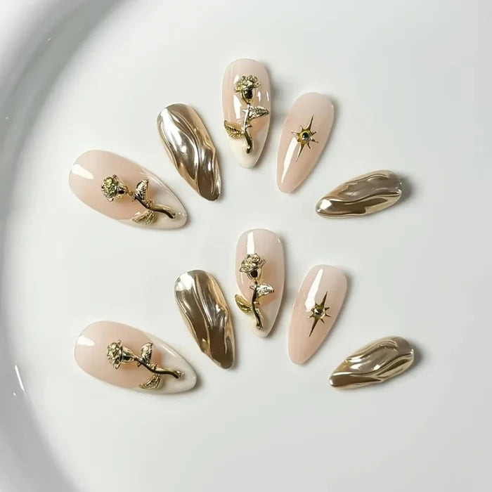 10pcs high-end Almond gold flowers handmade fake nails, Light luxury gold women's nail decoration patch