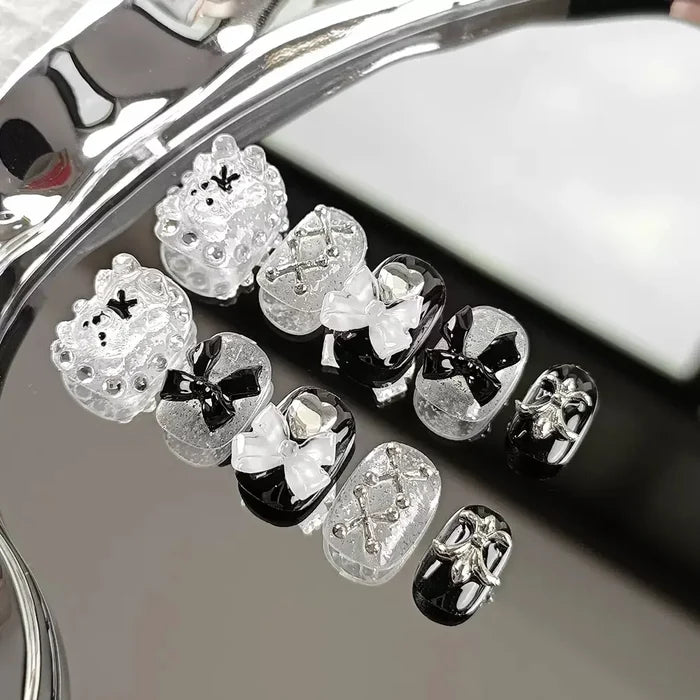 10pcs high-end Cute little bear bow heart handmade fake nails, Grey nail art