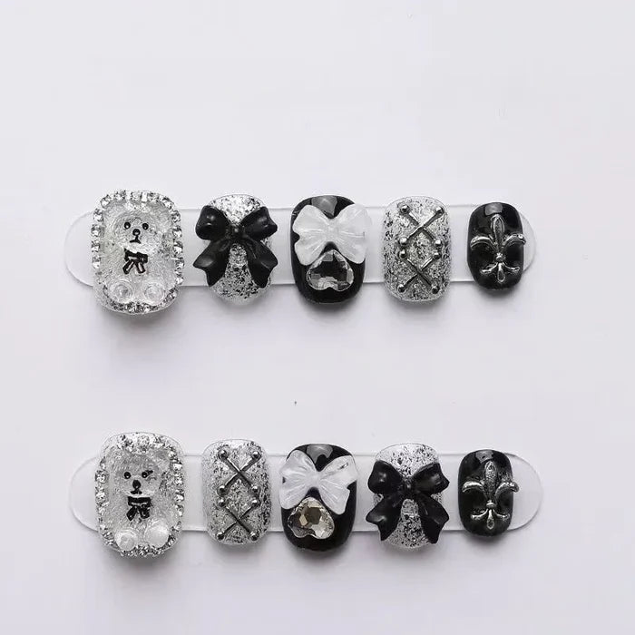 10pcs high-end Cute little bear bow heart handmade fake nails, Grey nail art