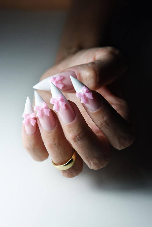 3D Bow Press-On Nails – White French Stiletto Nails – Kawaii Baby Pink Ribbon Tips – Long Handmade Nail Set – Luxury Handmade Reusable Press On Nails