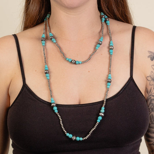92199 - Layered Western Beaded Necklace - Turquoise & Silver