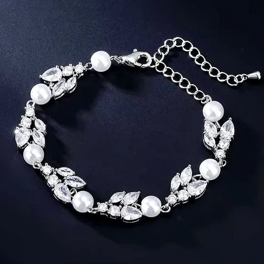 Pearl Wedding Jewelry - Pearl and Cubic Zirconia Bridal Bracelet - Available in Rose Gold, Silver and Yellow Gold