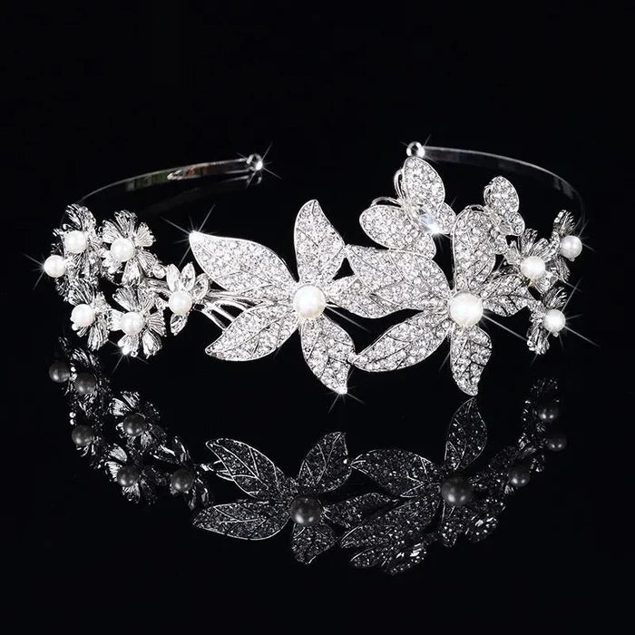 Wedding Hair Accessories - Silver Pearl and Crystal Bridal Side-Headband/Tiara