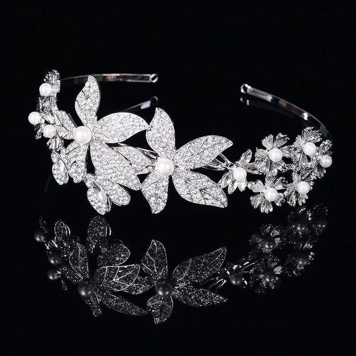 Wedding Hair Accessories - Silver Pearl and Crystal Bridal Side-Headband/Tiara