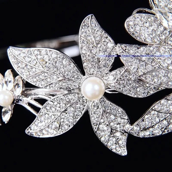 Wedding Hair Accessories - Silver Pearl and Crystal Bridal Side-Headband/Tiara