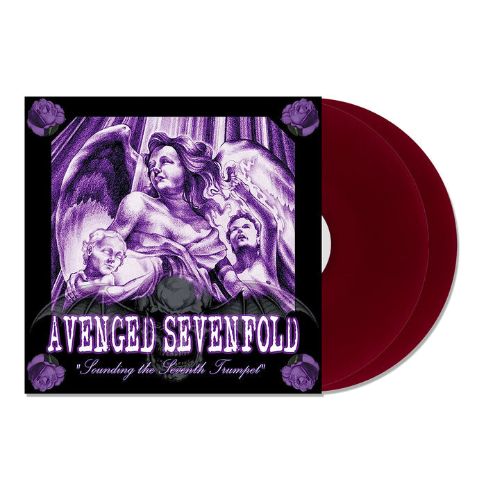 Vinyl album cover for Avenged Sevenfold "Sounding The Seventh Trumpet" on Double Transparent Purple vinyl. White & Purple angels over album text. 4 purple roses in the corners.