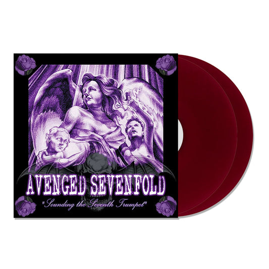 Vinyl album cover for Avenged Sevenfold "Sounding The Seventh Trumpet" on Double Transparent Purple vinyl. White & Purple angels over album text. 4 purple roses in the corners.