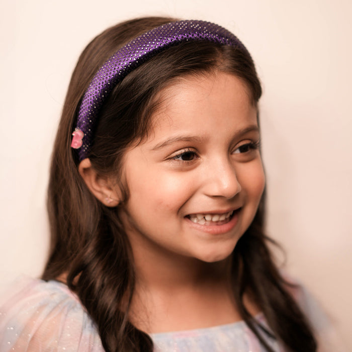 Purple satin rhinestone puff hair band with Barbie charm for your Barbiecore aesthetic