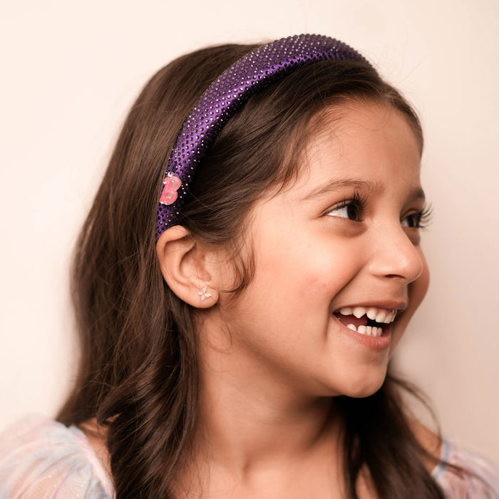Glam rhinestone puff hair band in purple satin – iconic Barbie charm, day-to-night wear