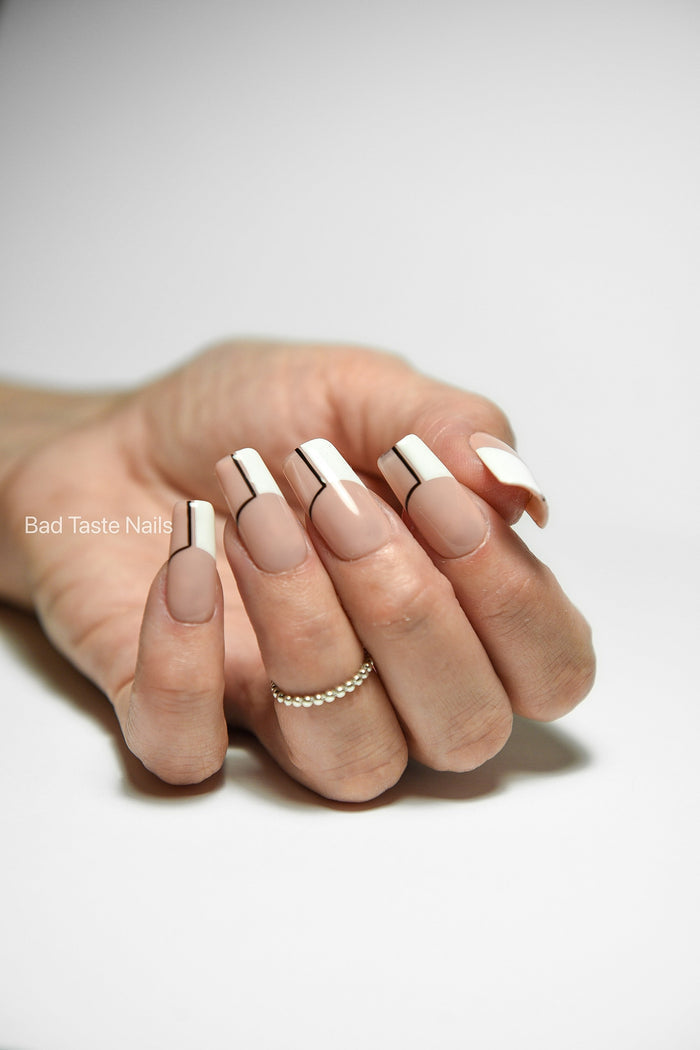 Beige White Abstract French Press-On Nails – Glossy or Matte Finish | Handmade Reusable Luxury Nail Set