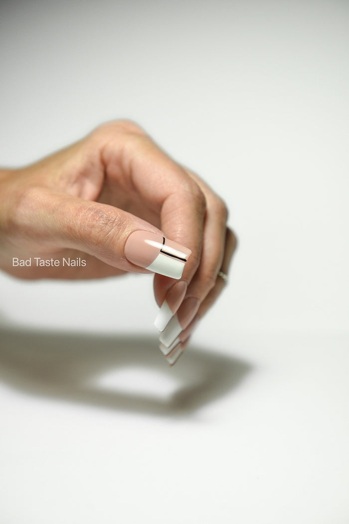 Beige White Abstract French Press-On Nails – Glossy or Matte Finish | Handmade Reusable Luxury Nail Set