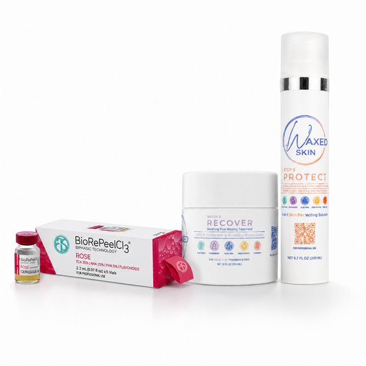 BioRePeelCl3 Rose with WAXED SKIN Step 2 Recover and Step 5 Protect intimate skin treatment bundle on a white background