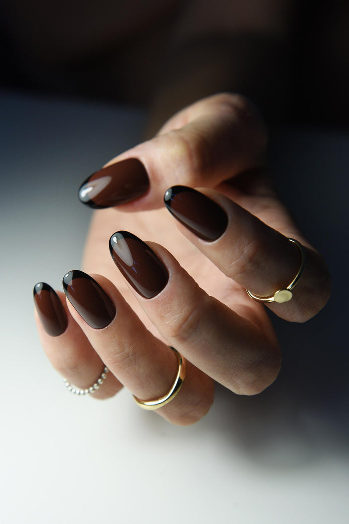 Black French Press On Nails Brown Chesnut Autumn Fall Color, fake nails reusable handpainted set, long stiletto, short square, medium almond – Luxury Handmade Reusable Press On Nails