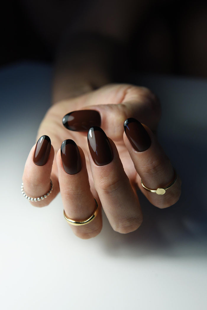 Black French Press-On Nails – Brown Chestnut Autumn Colors, Handmade & Reusable