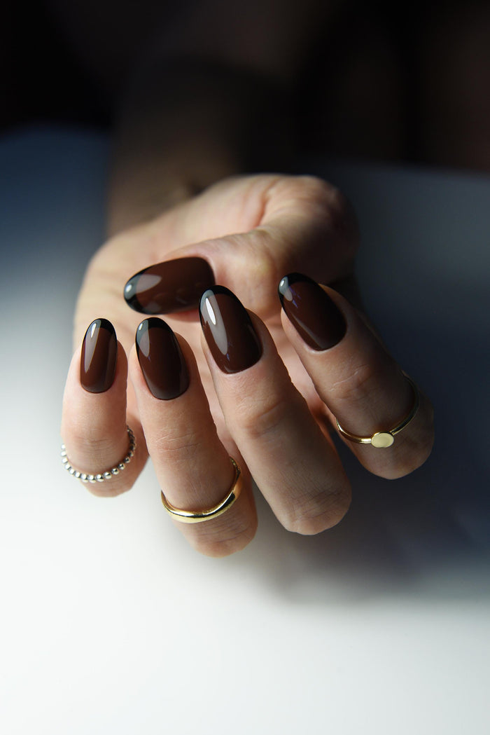 Black French Press-On Nails – Brown Chestnut Autumn Colors, Handmade & Reusable
