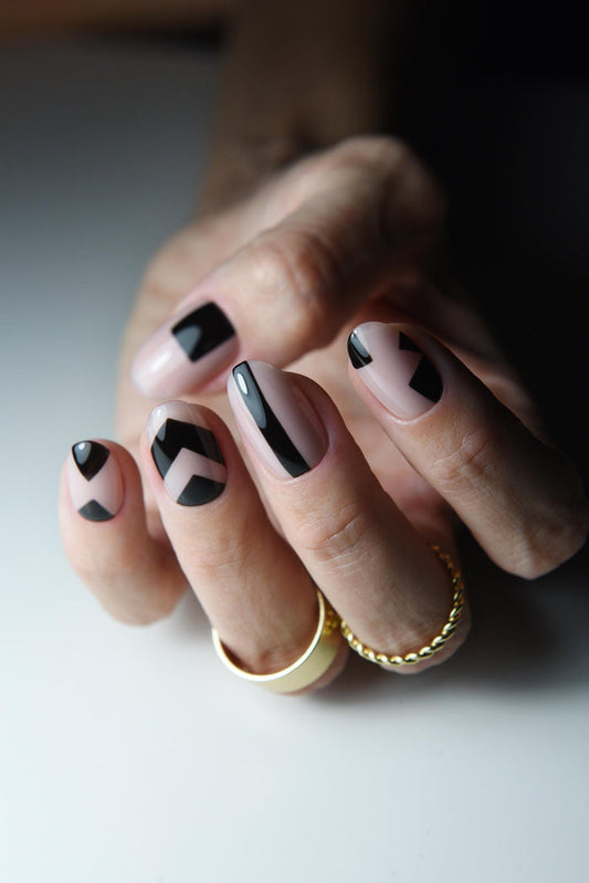 Black Graphic Press On Nails – Modern Nude Oval Nails – Abstract Minimalist Nail Set – Reusable Handmade Fake Nails - Tribal Set – Luxury Handmade Reusable Press On Nails