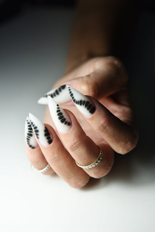 BLOOMING BLACK press on nails for SPRING, milky white nails, stiletto, coffin, square, almond, long, short, gift for fashion girl, reusable – Luxury Handmade Reusable Press On Nails