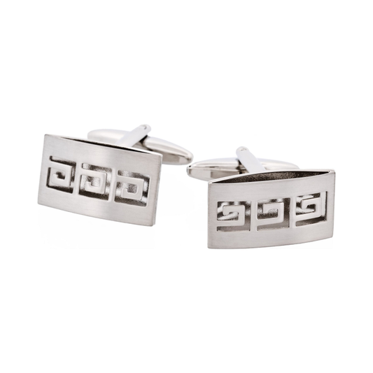 Brushed Rhodium-Plated Cufflinks with Cutout Greek Key Pattern