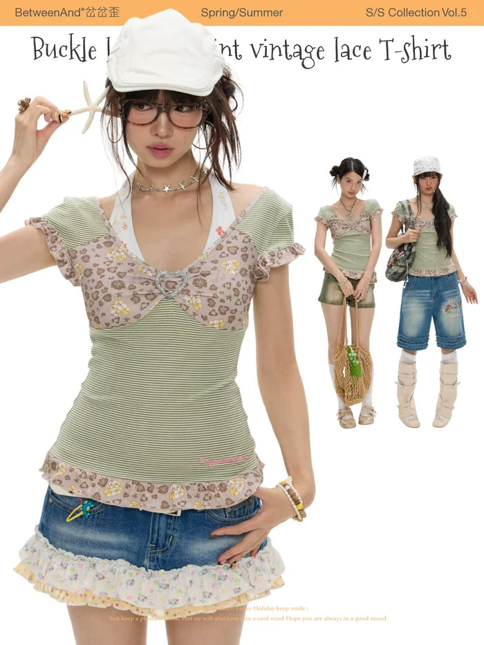 Buckle leopard print vintage lace t-shirt top