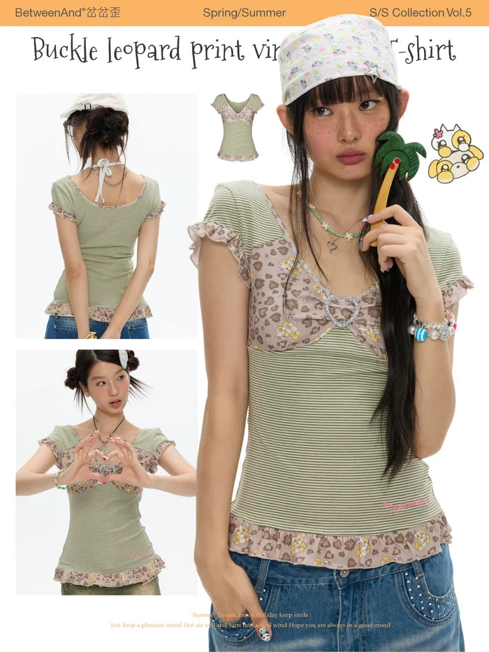 Buckle leopard print vintage lace t-shirt top