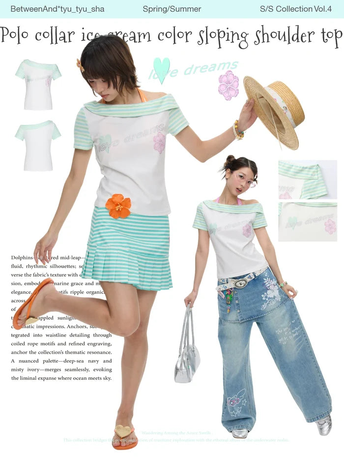 "Bye dreams" polo collar sloping shoulder top