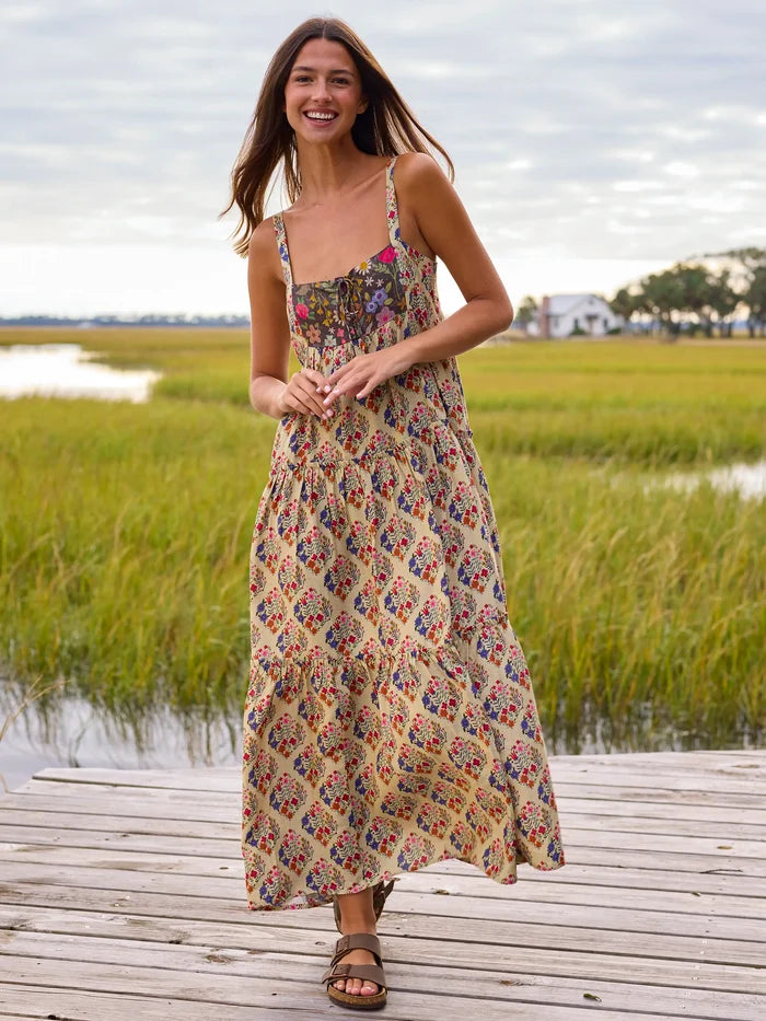 Cami Tie-Front Maxi Dress - Ditsy Diamonds Cream-view 1
