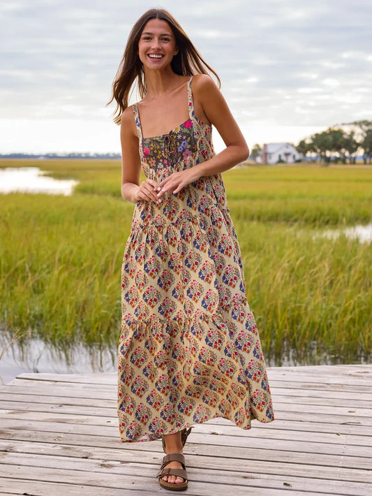 Cami Tie-Front Maxi Dress - Ditsy Diamonds Cream-view 1