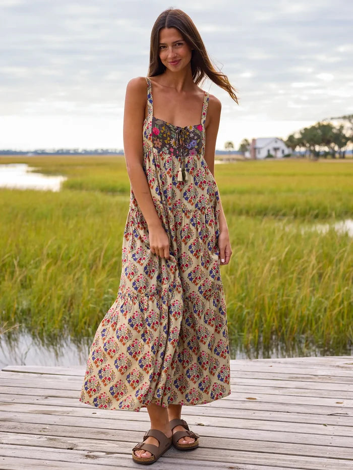 Cami Tie-Front Maxi Dress - Ditsy Diamonds Cream-view 7
