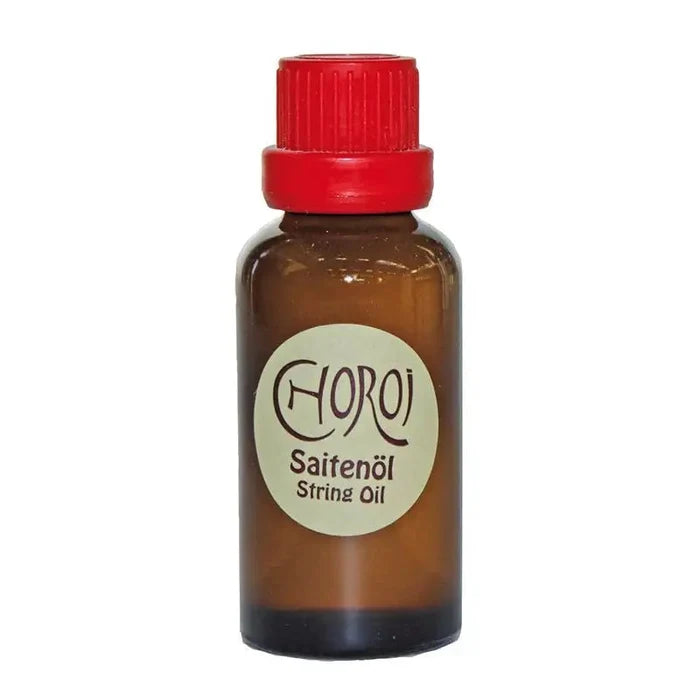 Amber glass bottle with red cap labeled 'Choroi Saitenöl String Oil' on a white background