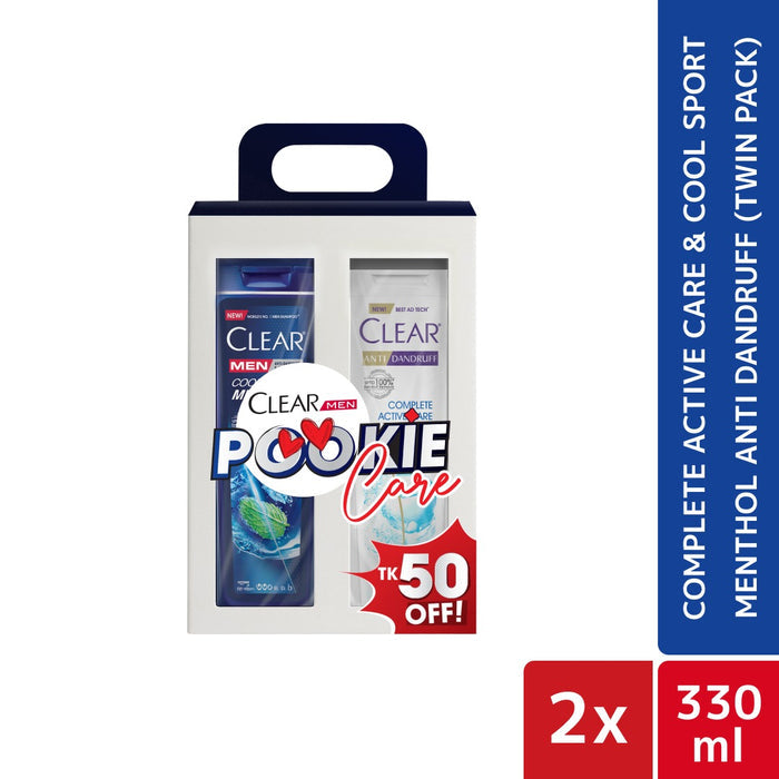 Clear Pookie Care (Complete Active Care & Cool Sport Menthol Anti Dandruff Shampoo Twin Pack 2X330ml)