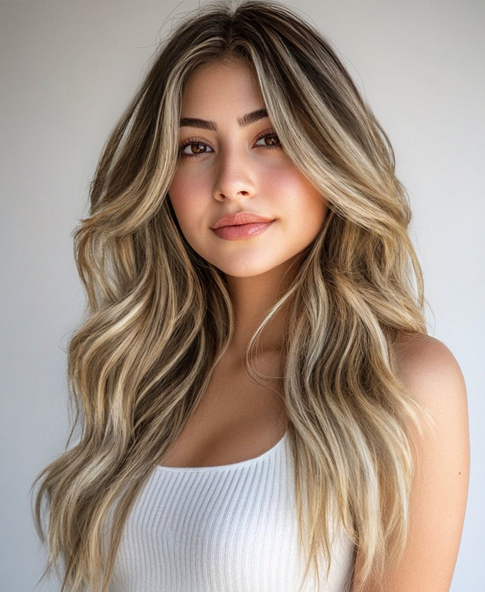 clip-in hair extensions rooted beige highlights.