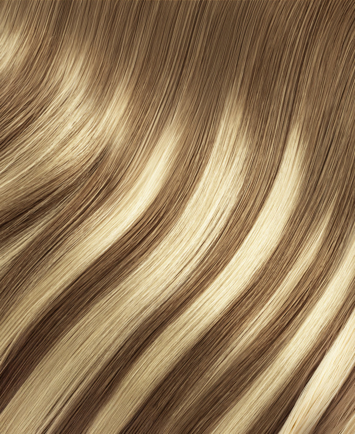 clip-in hair extensions rooted beige highlights.