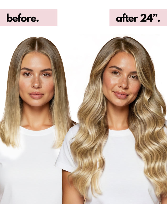 clip-in hair extensions rooted beige highlights.