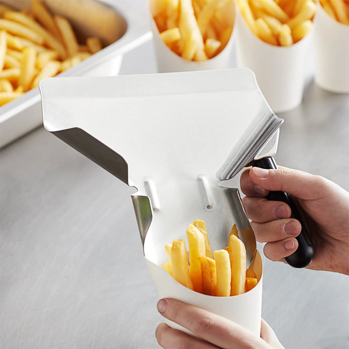 Commercial Right-Handed Stainless Steel Chip Scoop (Bakelite Handle)