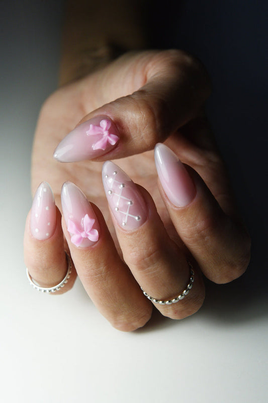 COQUETTE RIBBON BALLETCORE Press On Nails Luxury, reusable, acrylic quality, pink ballet nails stiletto, coffin, almond, square, long, short – Luxury Handmade Reusable Press On Nails