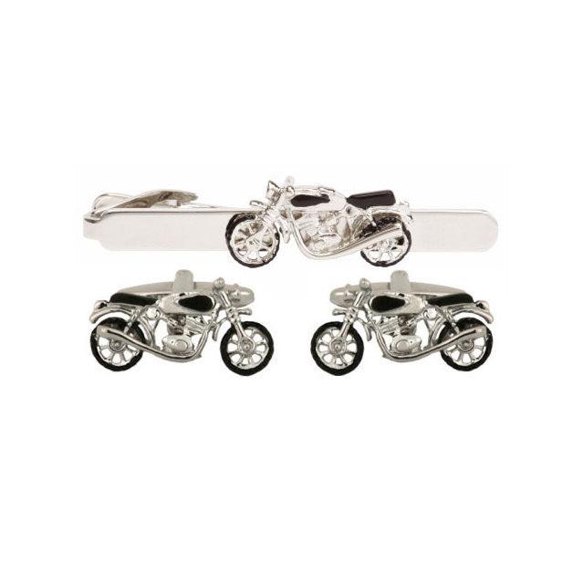 Dalaco motorbike cufflinks and tie bar set in silver tone with detailed motorcycle design