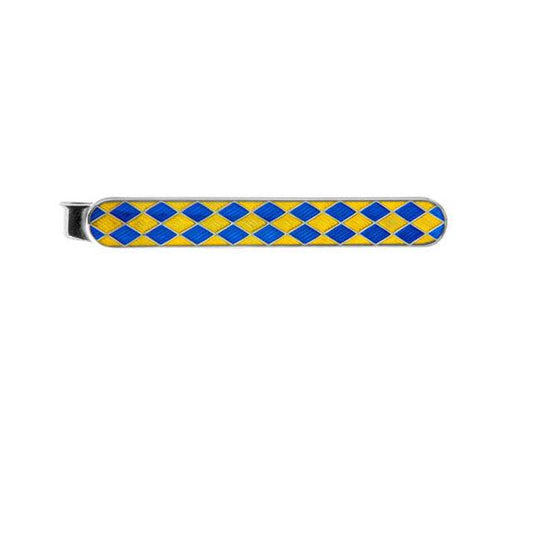 Dalaco yellow and blue enamel tie bar with checkered pattern and silver metal base