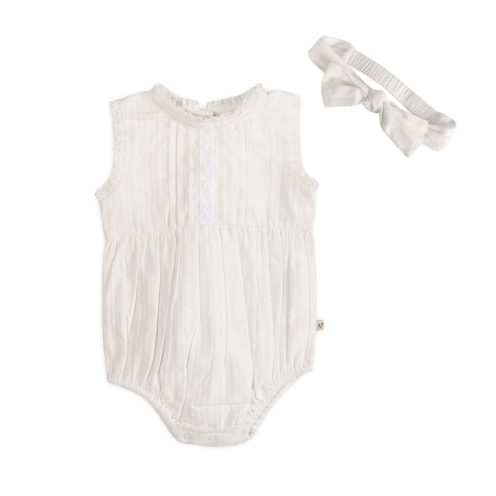 Darie Striped Dobby White Baby Romper + Headband (Organic)
