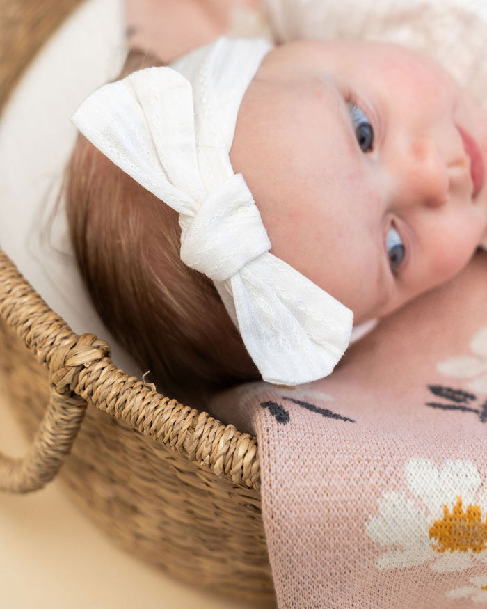 Darie Striped Dobby White Baby Romper + Headband (Organic) Bow Detail