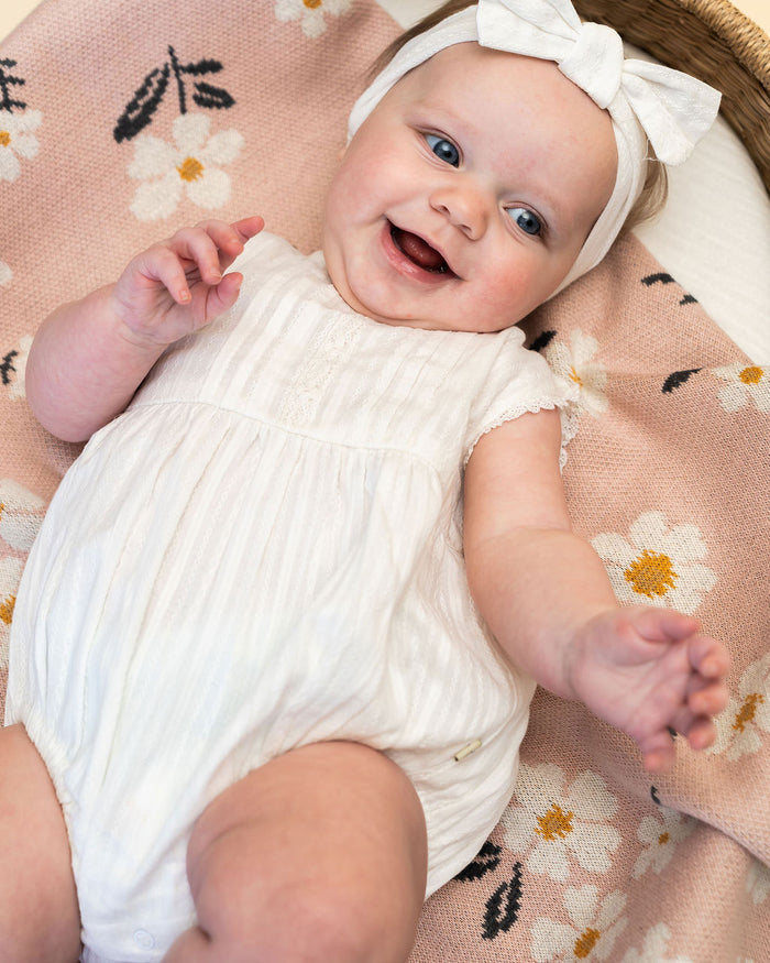 Darie Striped Dobby White Baby Romper + Headband (Organic) Model Detail