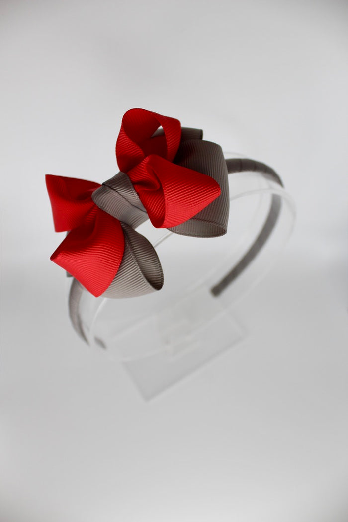 Double Loop School Headband - Red and Grey