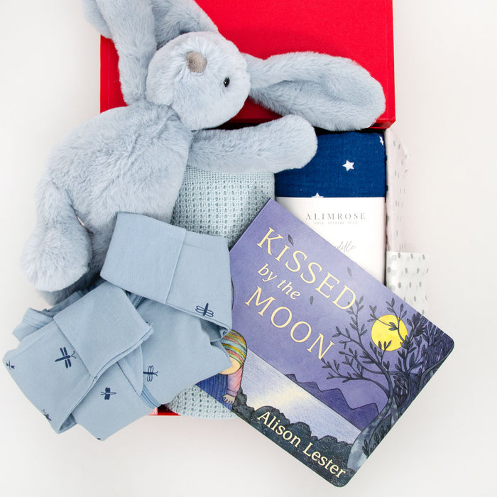 A collection of baby items including a blue plush rabbit, a navy star swaddle, a blue Cellular blanket, a dragonfly romper, and a board book titled 'Kissed by the Moon'. All items are laid out on a white background. Price: 159