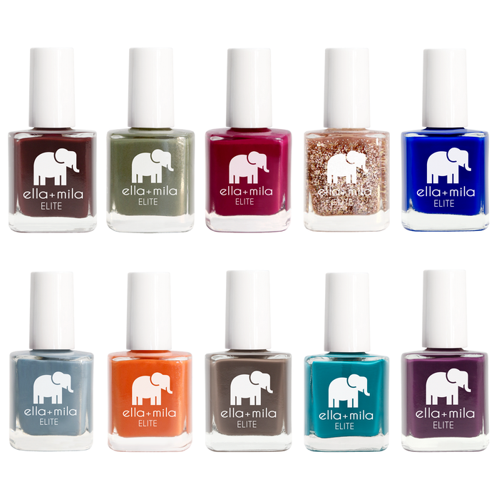 ELITE Collection 10 nail polish bottles in burgundy, olive, gold glitter, navy, teal and orange